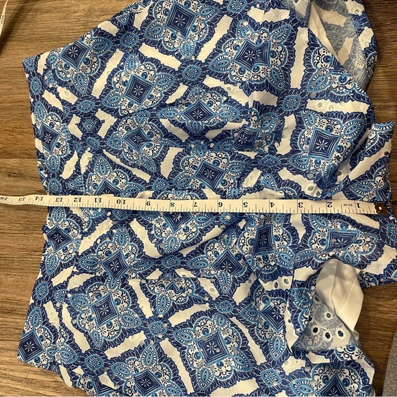 Mi Ami Matching Set Blouse Shorts Women’s S Blue White One Shoulder Cropped Boho - Picture 11 of 13